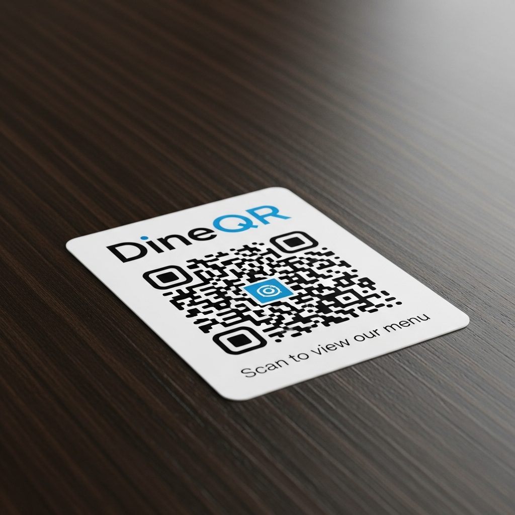 A DineQR QR code sticker on a restaurant table.